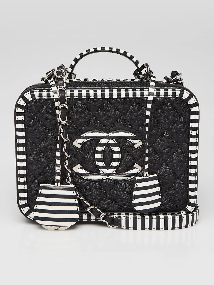Chanel Black/White Quilted Caviar Leather Filigree Medium Vanity Bag