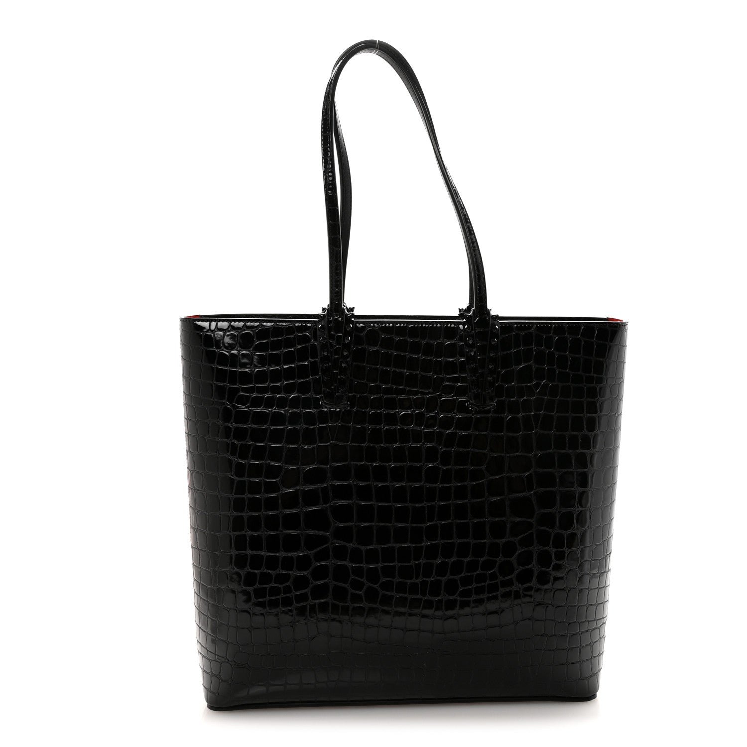 Christian Louboutin Patent Calfskin Crocodile Embossed Spikes Zipped Cabata Tote Black
