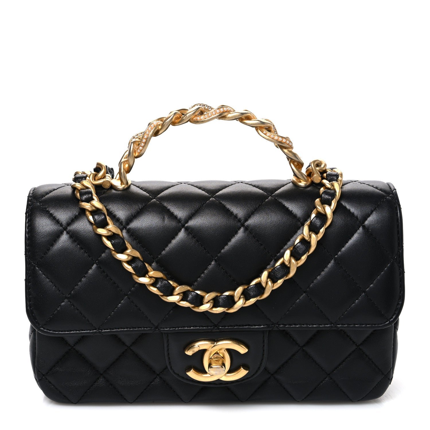 Chanel Lambskin Quilted Mini Chain Top Handle Rectangular Flap Black