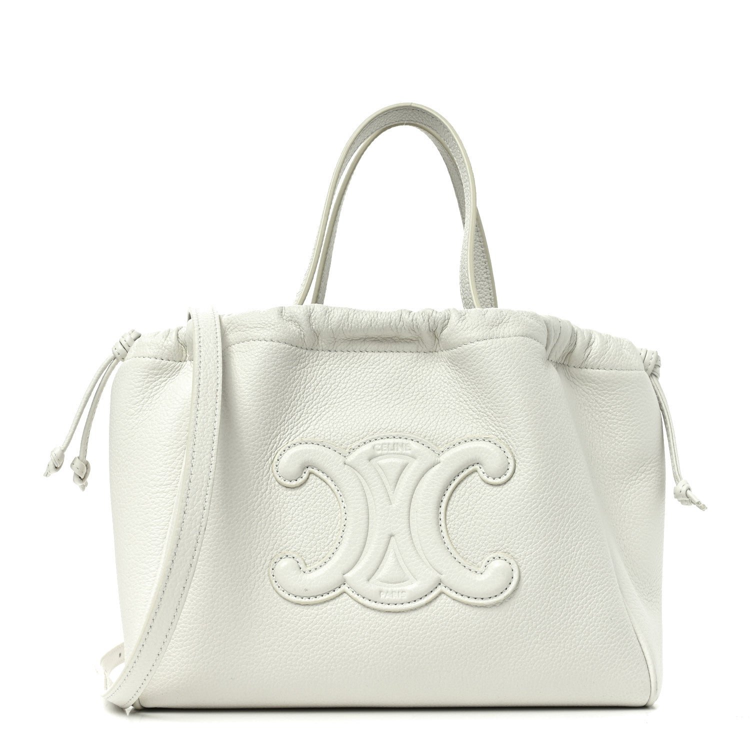 Celine Calfskin Cuir Small Triomphe Cabas Drawstring White