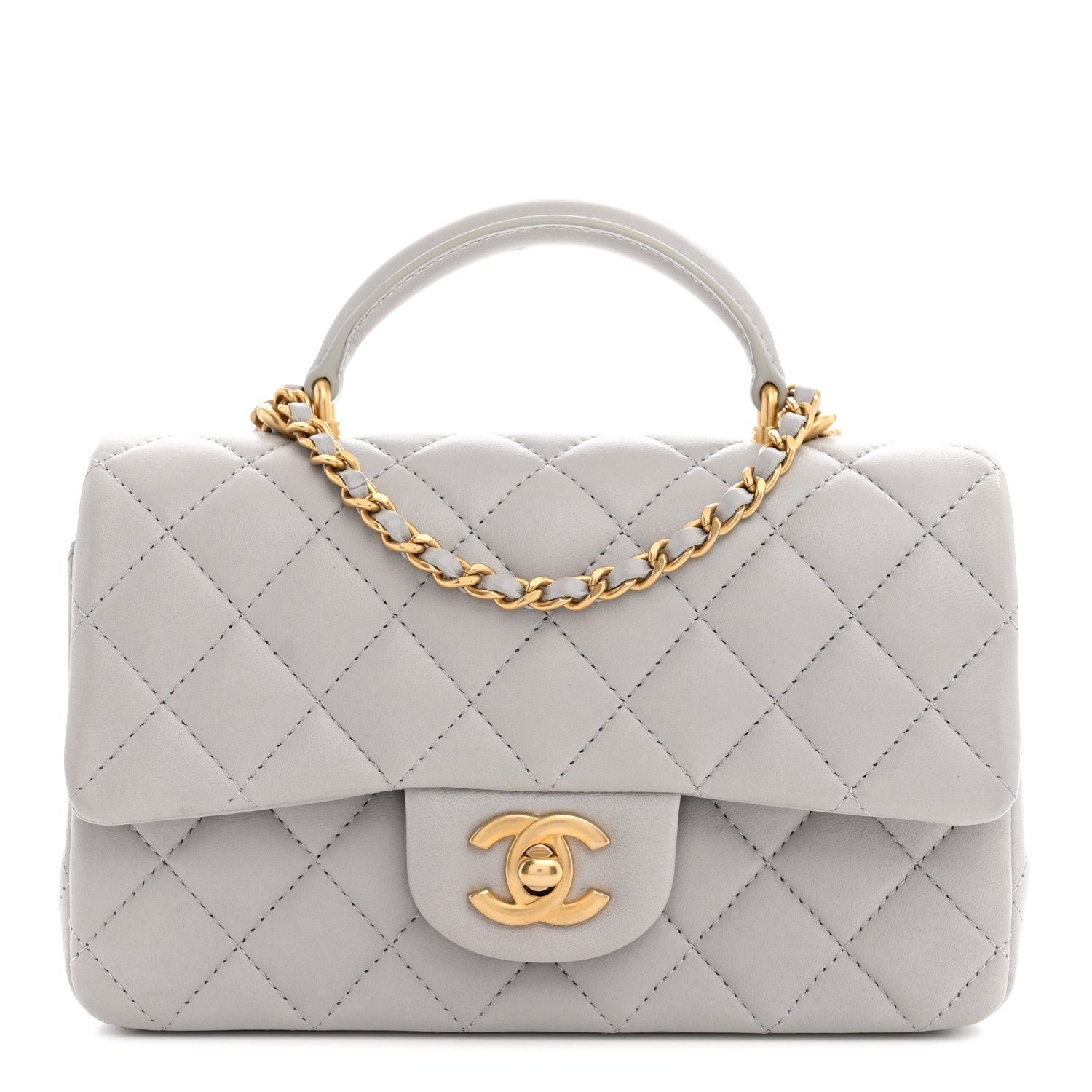 Lambskin Quilted Mini Top Handle Rectangular Flap Grey