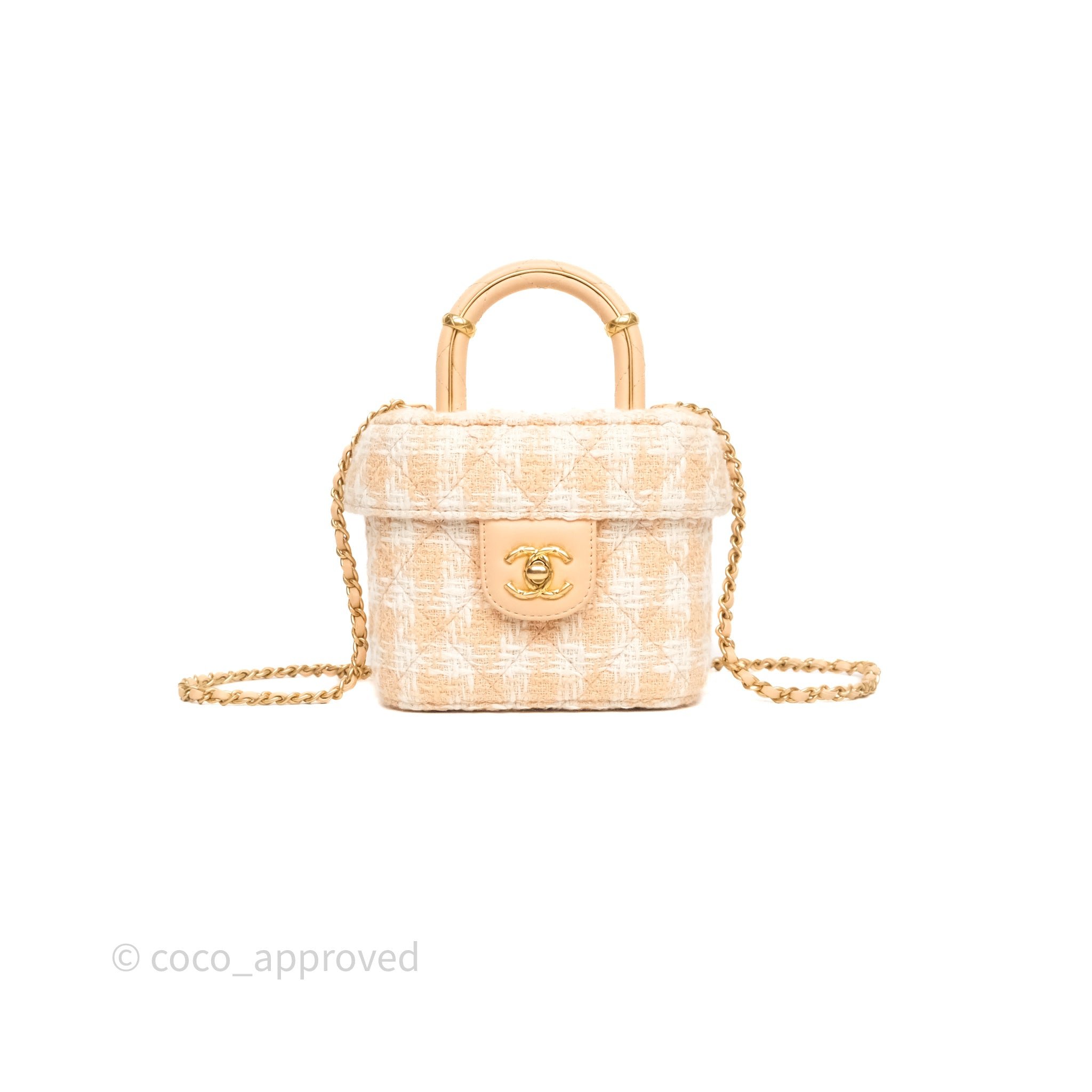 Chanel Vanity Case with Top Handle Apricot Tweed Aged Gold Hardware