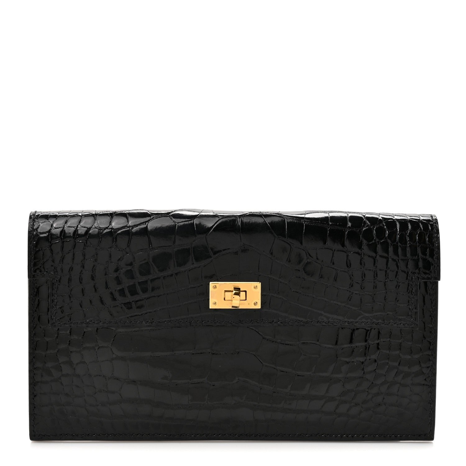 Hermes Shiny Alligator Kelly Pocket Long Wallet Black
