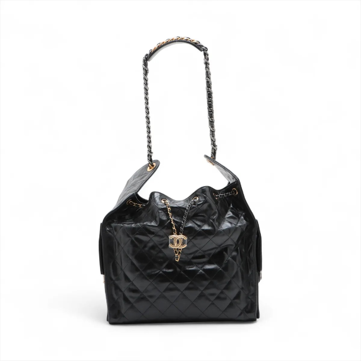 Chanel Chanel 25 Medium Leather Chain Shoulder Bag Black Gold x Silver Metal Fit
