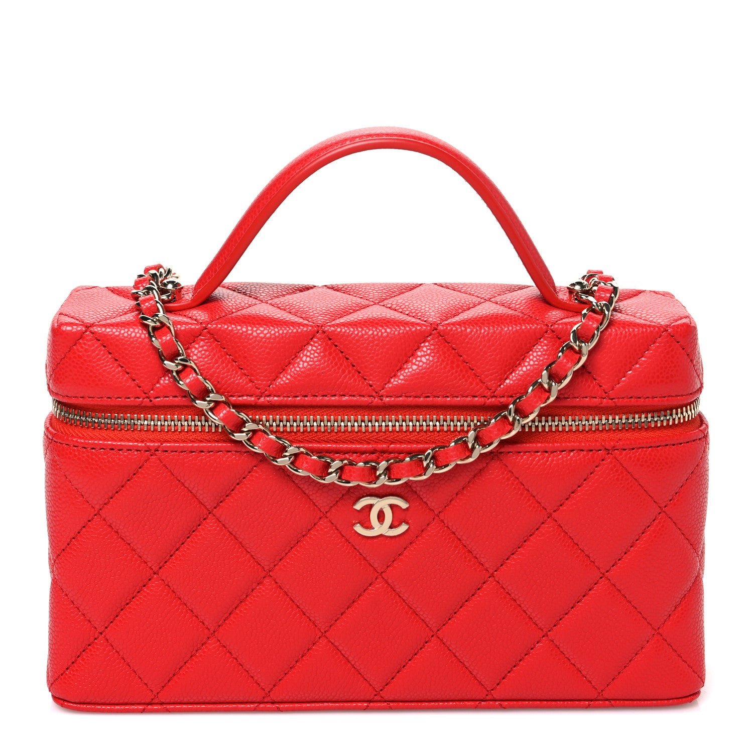 Chanel Caviar Quilted Top Handle Slim Vanity With Chain Red