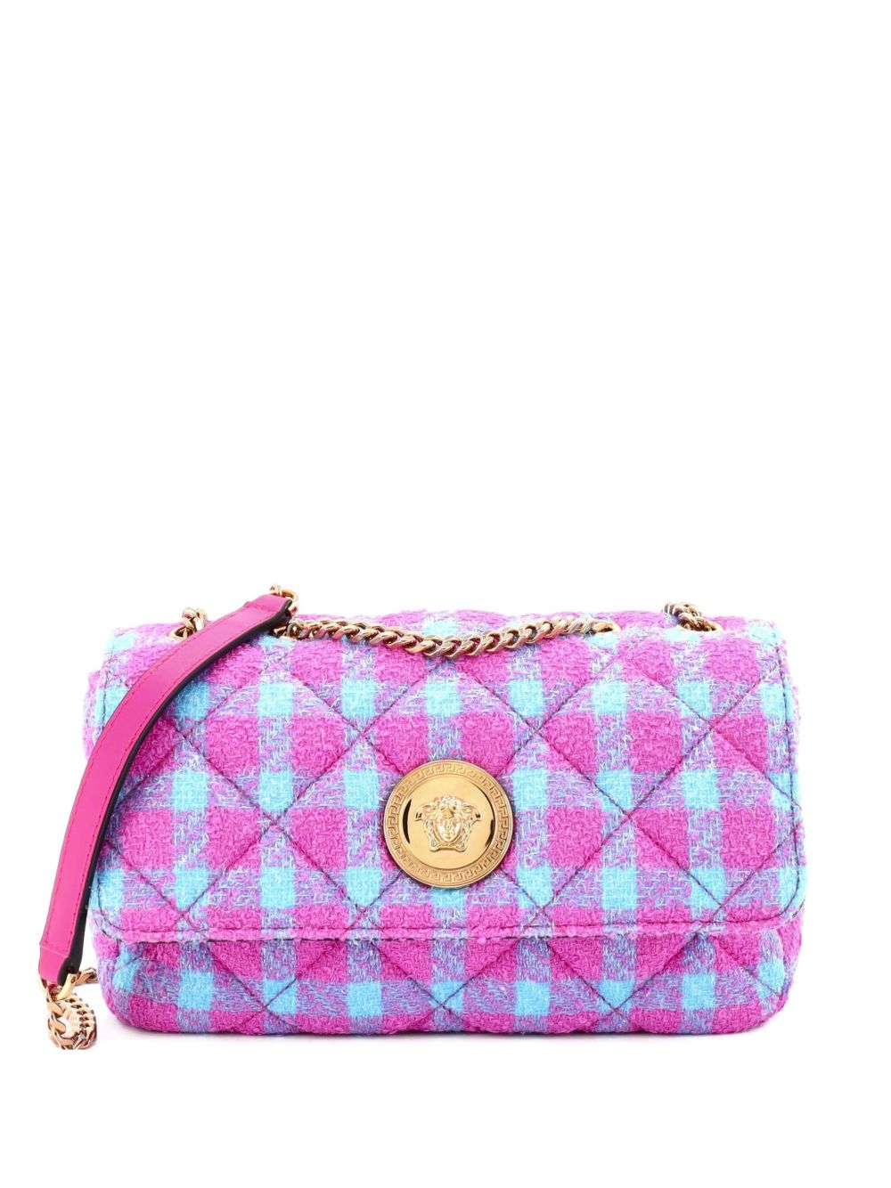 Medusa Icon Chain Flap Bag Quilted Tweed East West shoulder bag