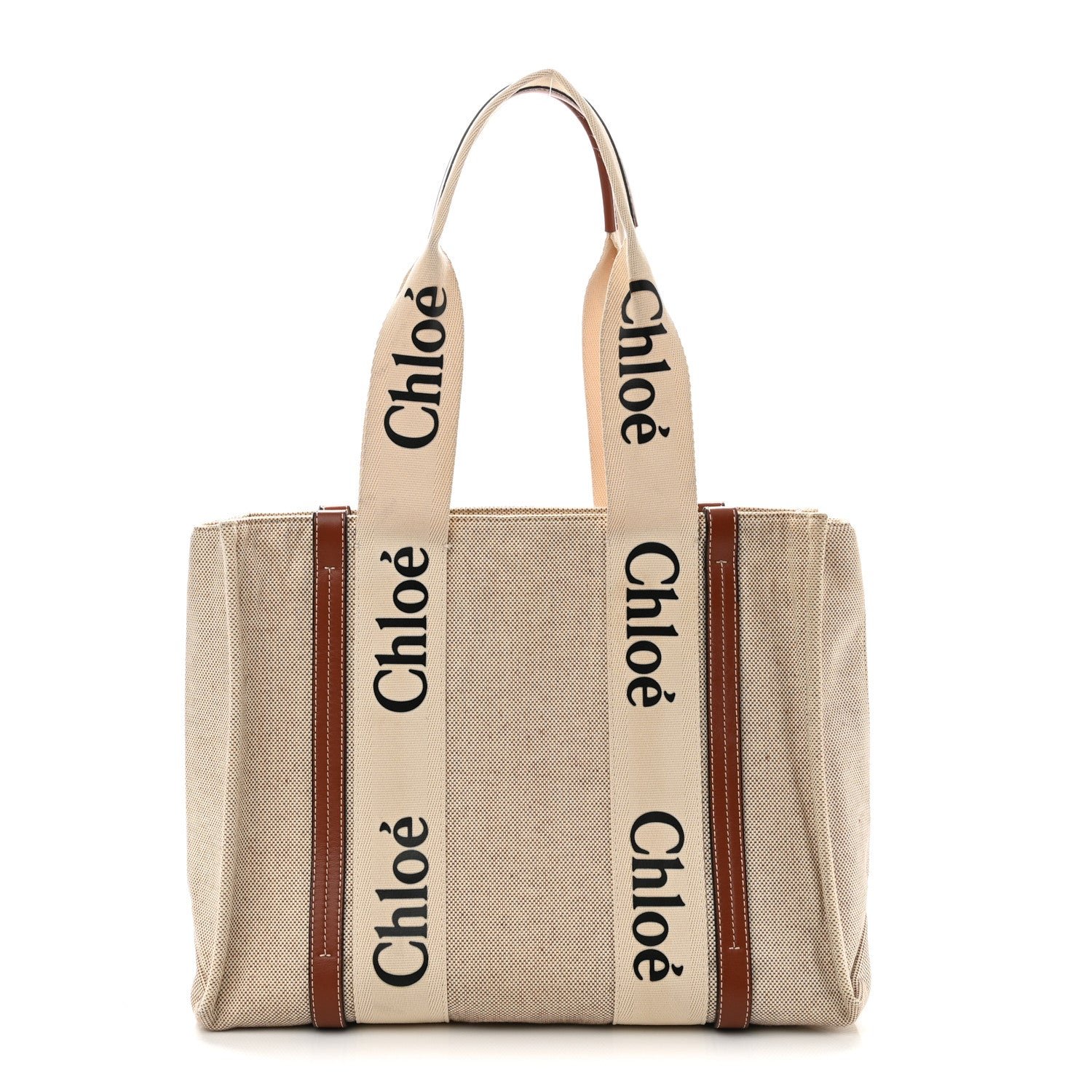 Chloe Cotton Calfskin Medium Woody Ribbon Tote White Brown