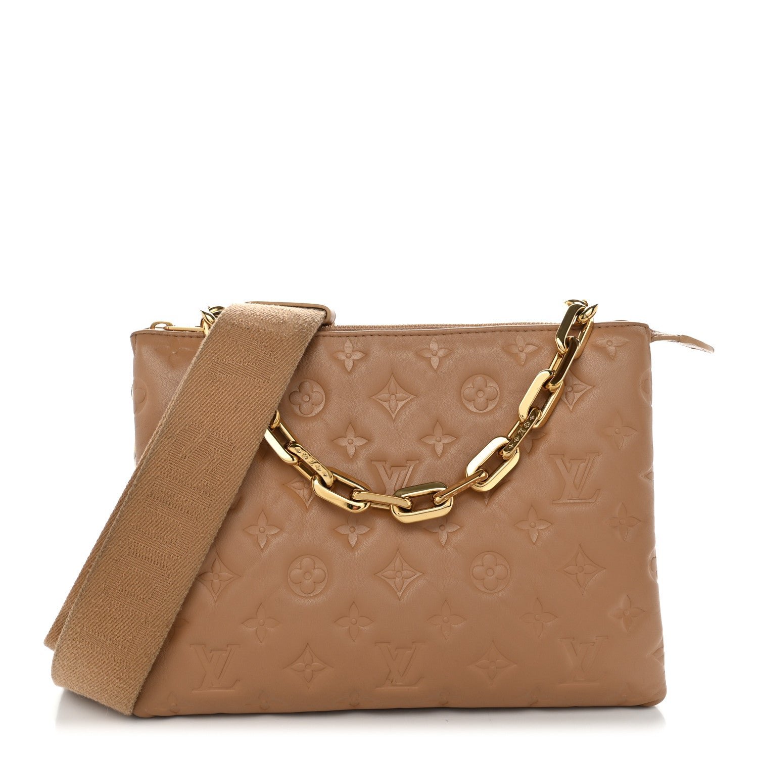 Louis Vuitton Lambskin Embossed Monogram Coussin PM Camel