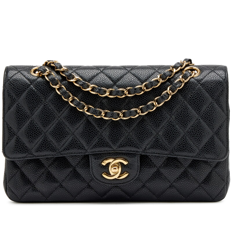 Vintage Black Quilted Caviar Medium Classic Double Flap Bag Gold Hardware, 2008-2009