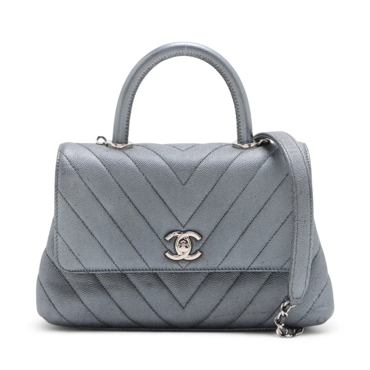 Chanel Coco handle 24 XS Caviar Skin 2 Way Handbag V Stitch Chevron Gray Silver