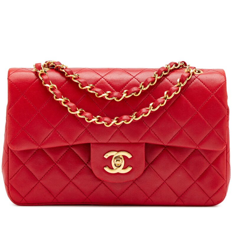 Vintage Red Quilted Lambskin Small Classic Double Flap Bag Gold Hardware, 1989-1991