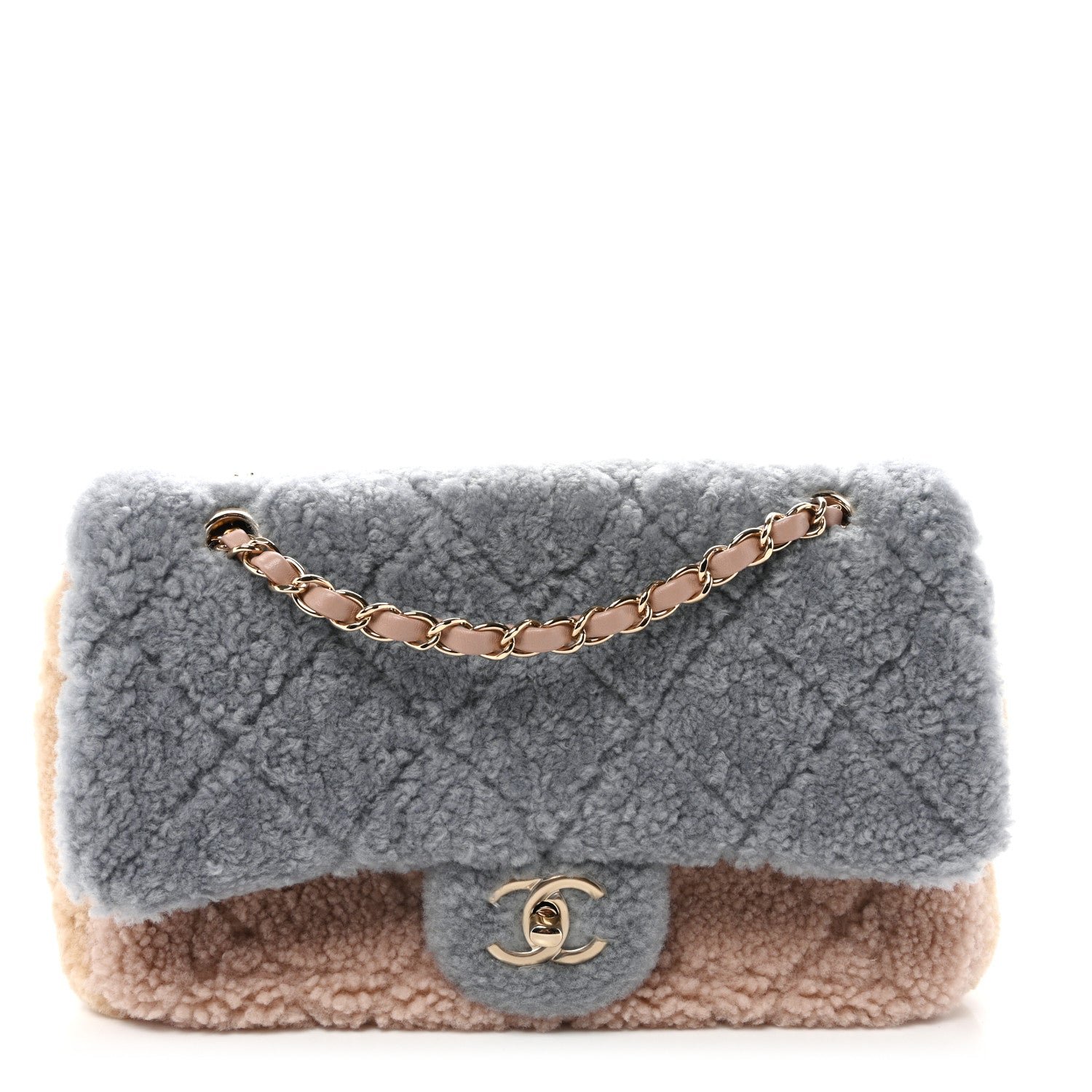 Chanel Shearling Sheepskin Single Flap Gray Pink Beige