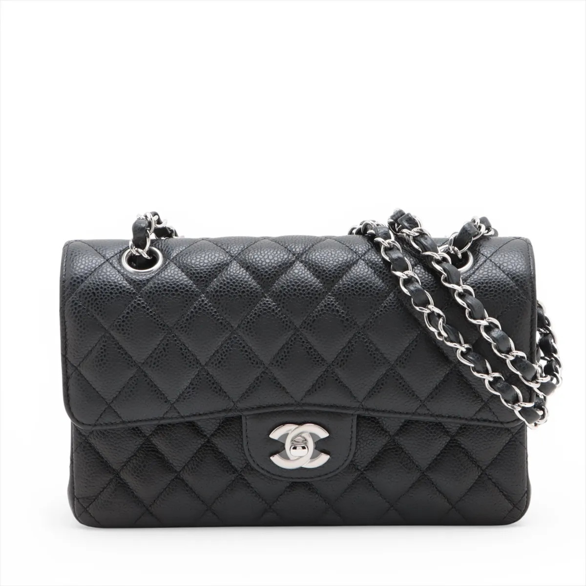 Chanel Matelasse 23 Small Caviar Skin Double Flap Double Chain Bag Black Silver