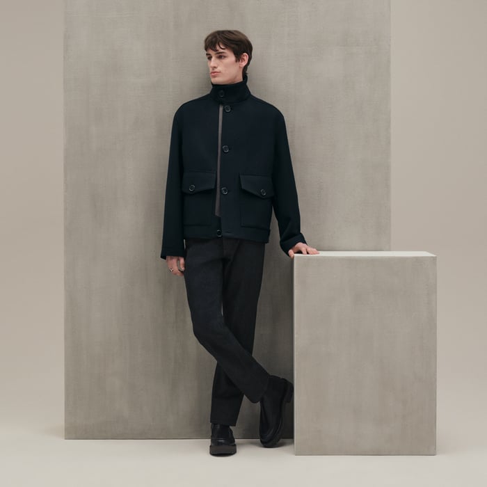 Marine Straight Cut Jacket With Leather Detail