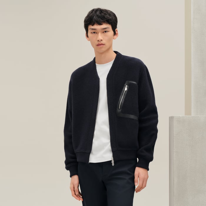 Marine Zipped Varsity Cardigan With Leather Detail