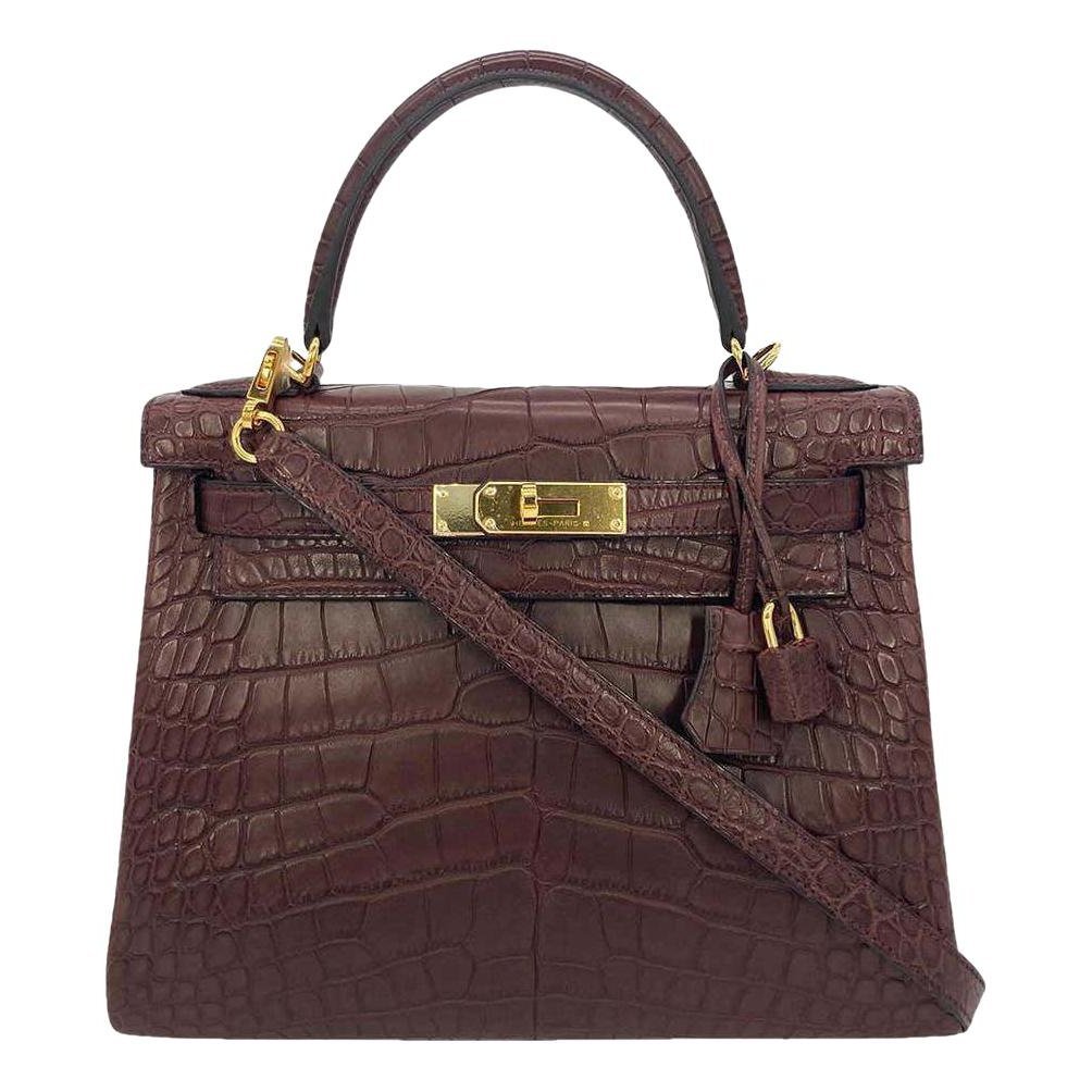 Hermes Kelly 25 Handbag Bordeaux Alligator Skin