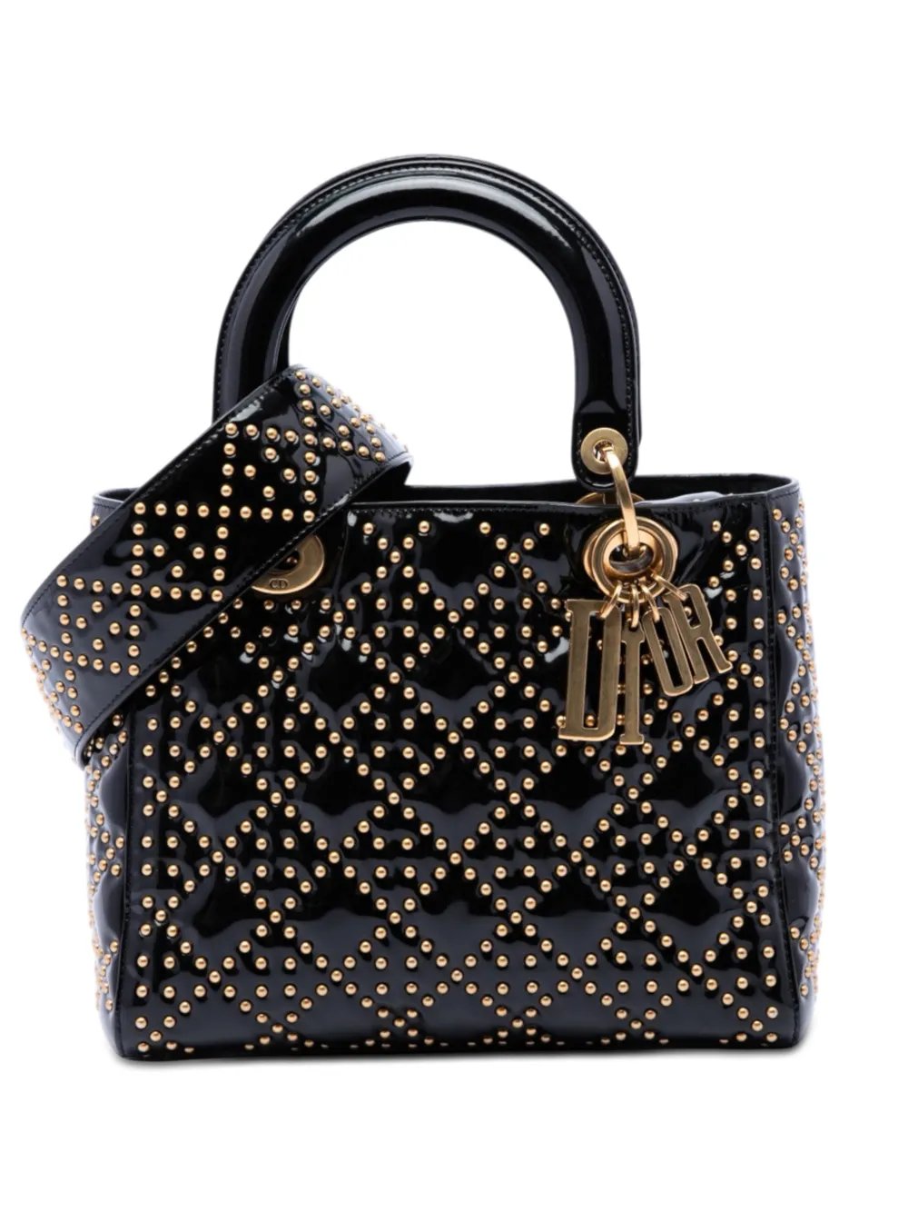 2017 Medium Patent Cannage Studded Supple Lady Dior satchel