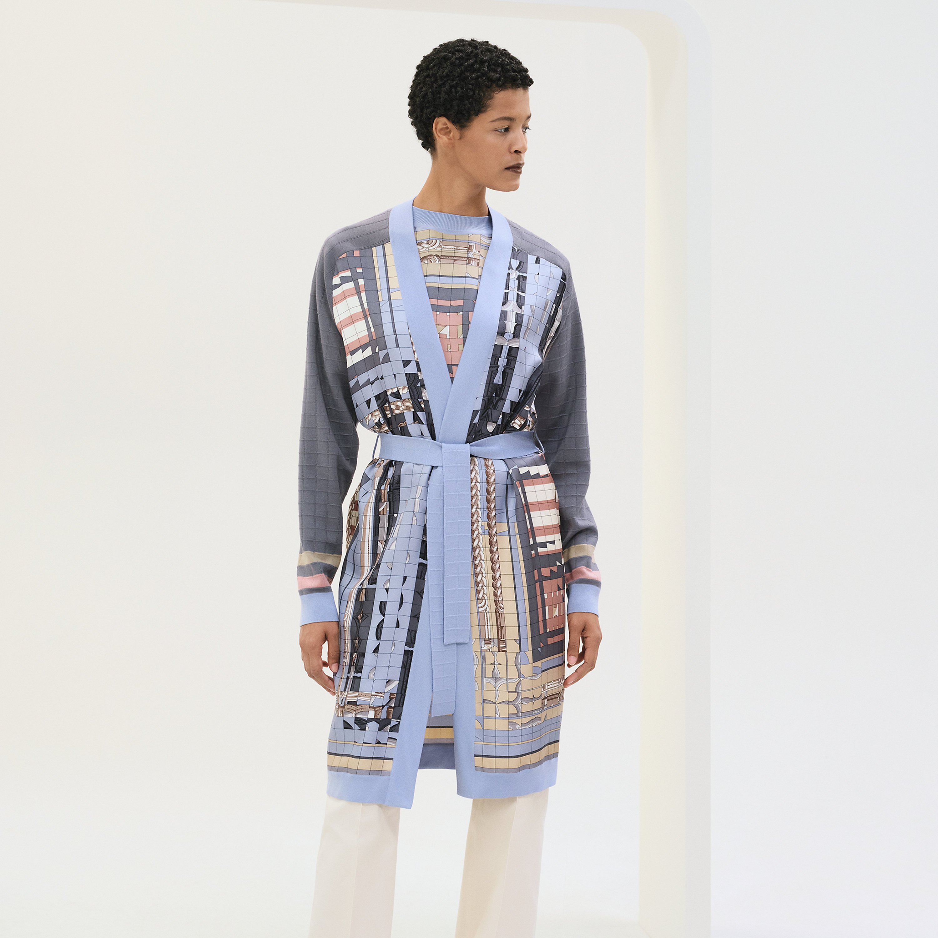 "Coaching Deja Vu" long-sleeve twillaine cardigan