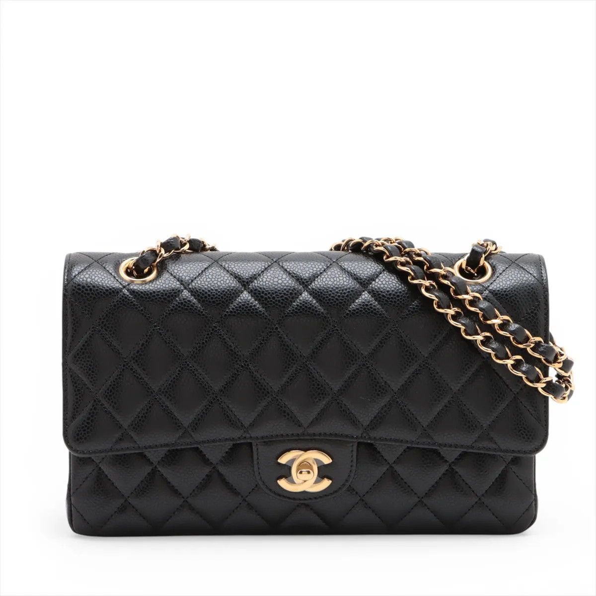 Chanel Matelasse 25 Caviar Skin Double Flap Double Chain Bag Black Gold Metal Fi