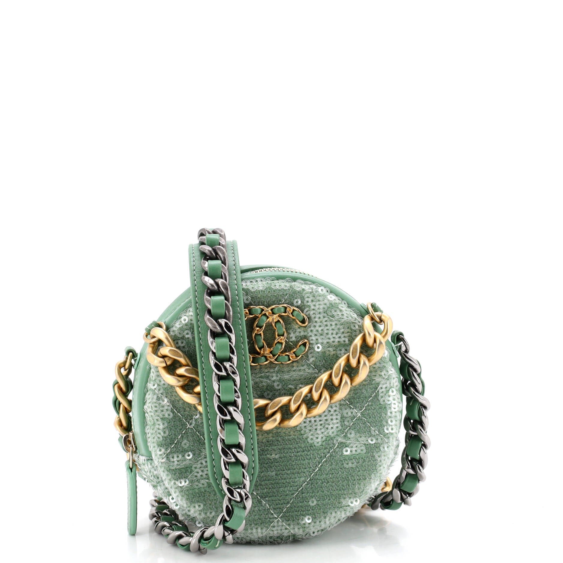19 Round Clutch with Chain Quilted Leather and Sequins