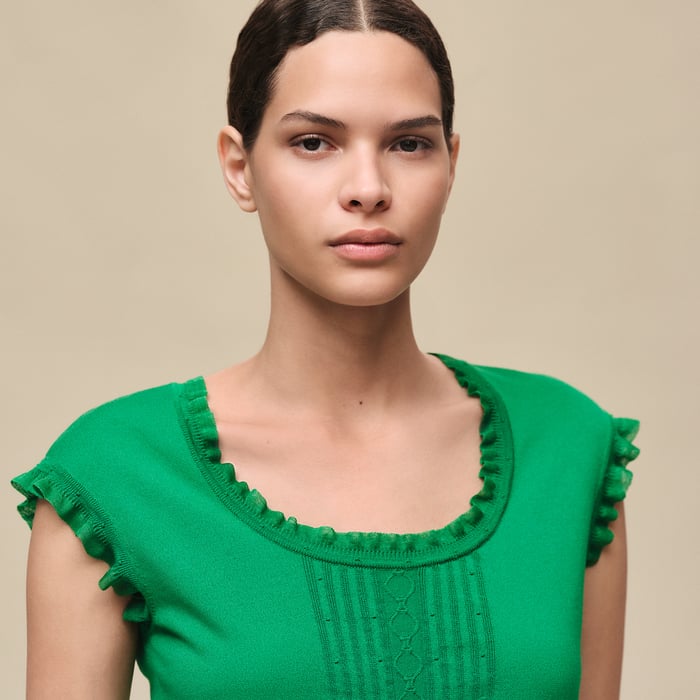 Vert Jungle Short-sleeve Sweater With Ruffled Details