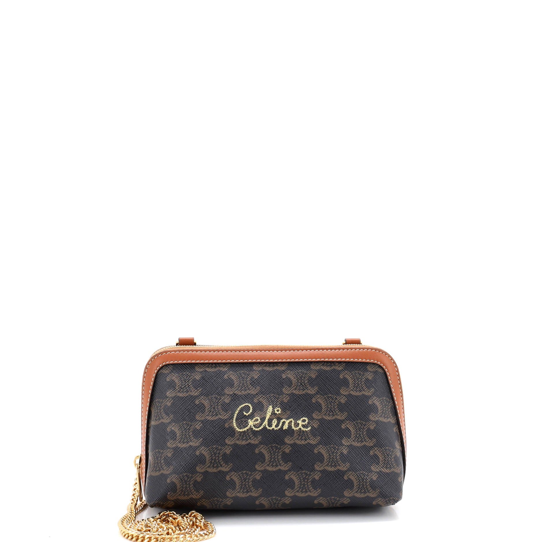 Zip Around Chain Clutch Embroidered Triomphe Coated Canvas