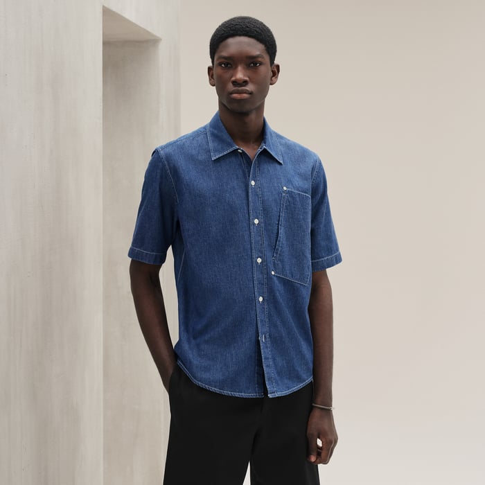 Indigo Lavé Short-sleeve Straight Cut Denim Shirt With Detail