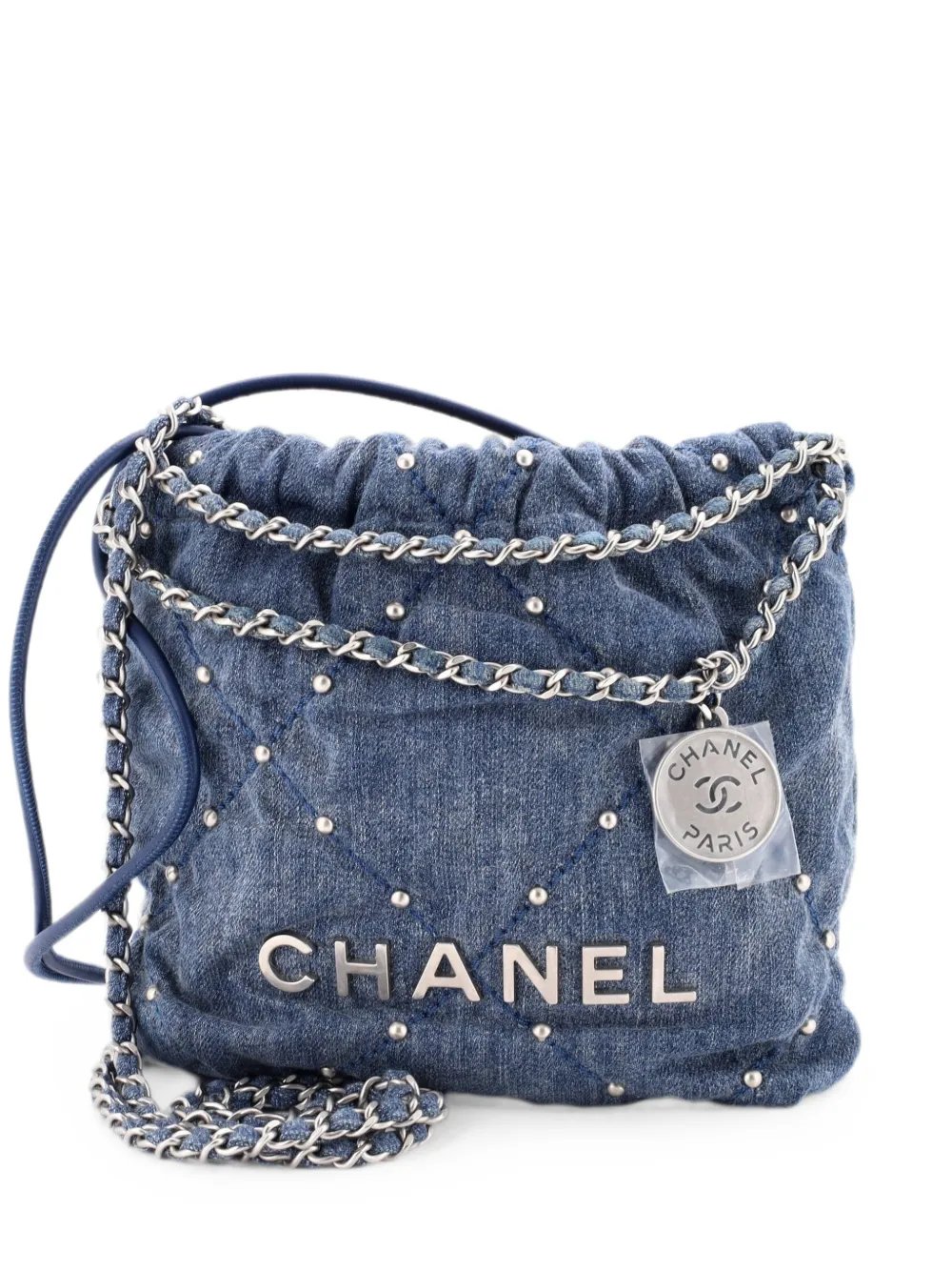 22 Chain Quilted Studded Denim Mini hobo bag