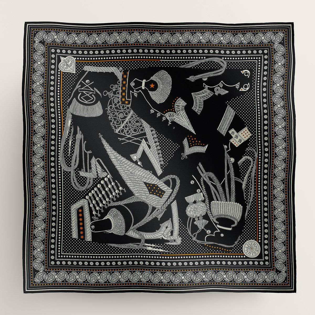 【美品】  HERMES / エルメス | Zouaves et Dragons Bandana ズアヴとドラゴン カレジェアン140 ストール | ブラック HERMES（エルメス） カレジェアン カレ140 Zouaves et Dragons Bandana
