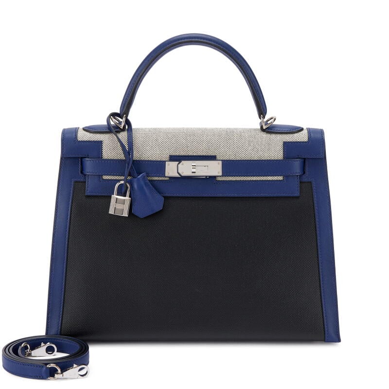Bleu Saphir Swift, Ecru Toile H and Black Toile H Berline Kelly 32 Sellier Palladium Hardware, 2018