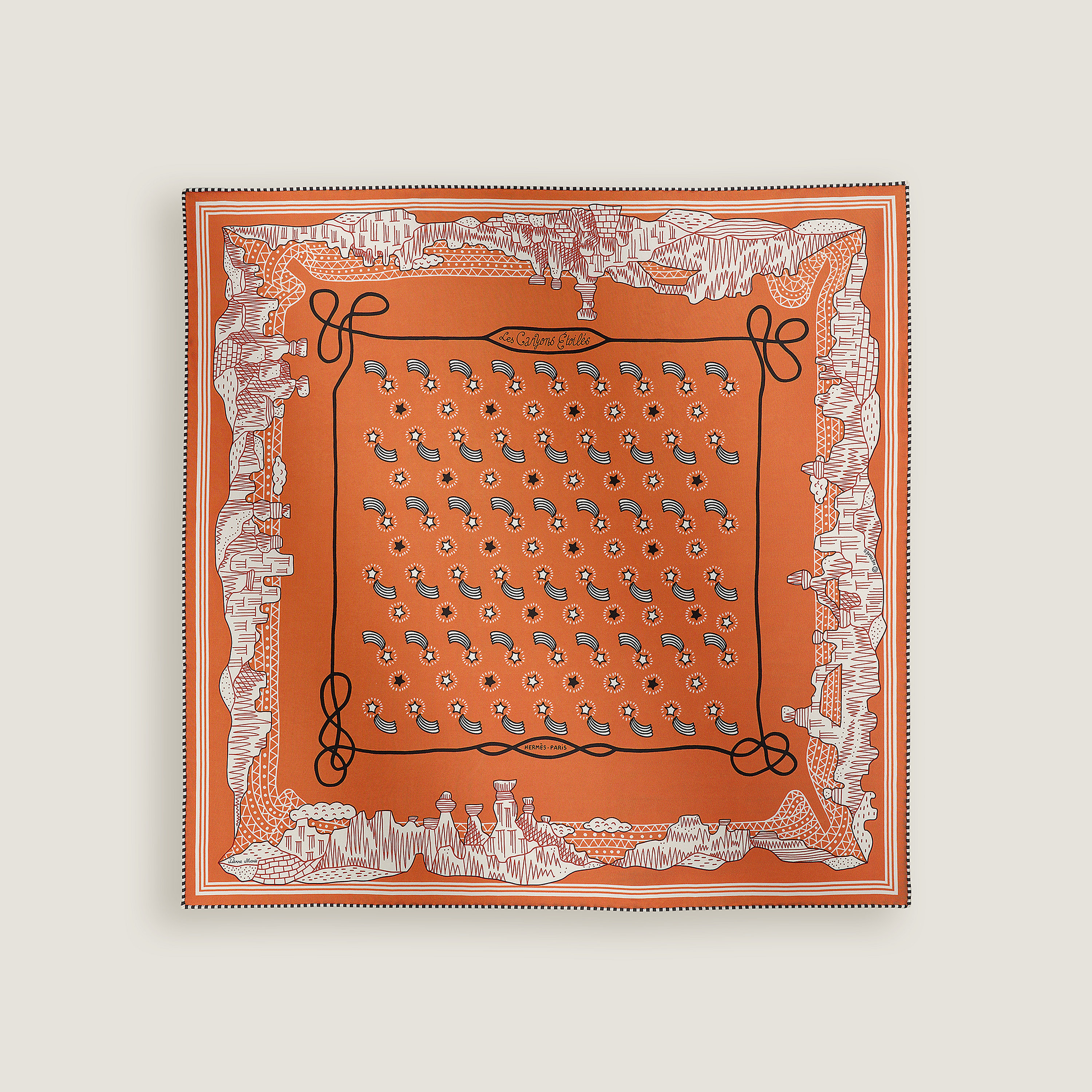 Hermès Les Canyons Etoiles bandana 55 Orange Brûlé/Blanc/Noir