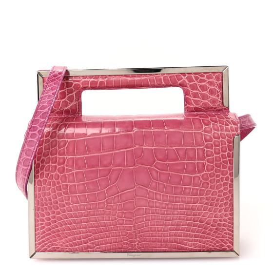 Salvatore Ferragamo Crocodile Bar Clutch Crossbody Bag Pink