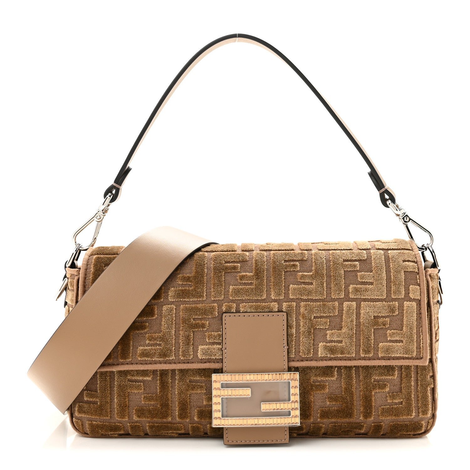 Fendi Velvet Jacquard FF Crystal Baguette Cappuccino