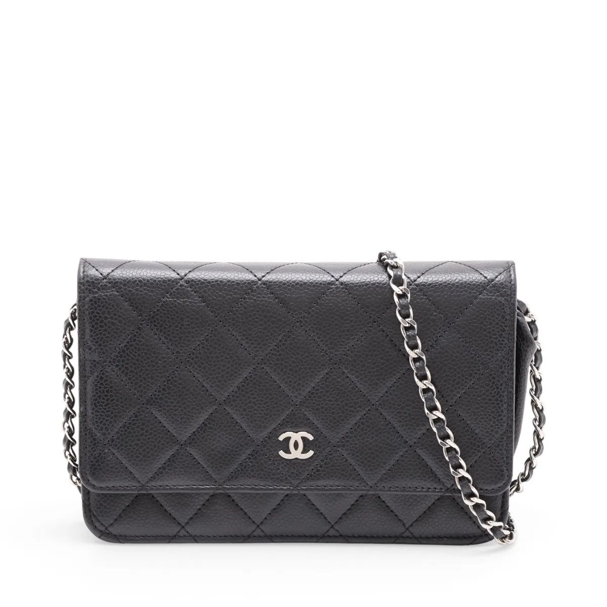 Chanel Matelasse Caviar Skin Chain Wallet Black Silver Metal Fittings random pla