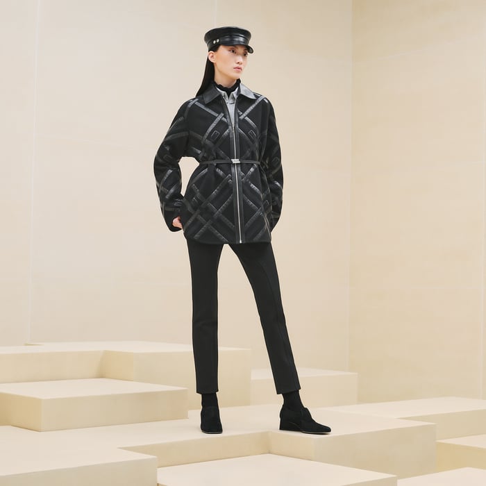 Noir Mixed Leather Embroidered Pea Coat