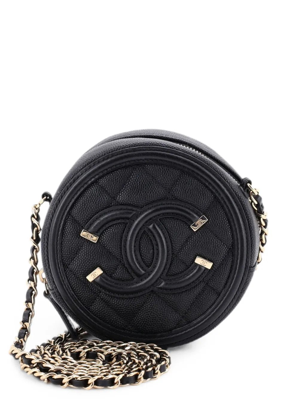 Filigree Round Clutch with Chain Quilted Caviar Mini crossbody bag