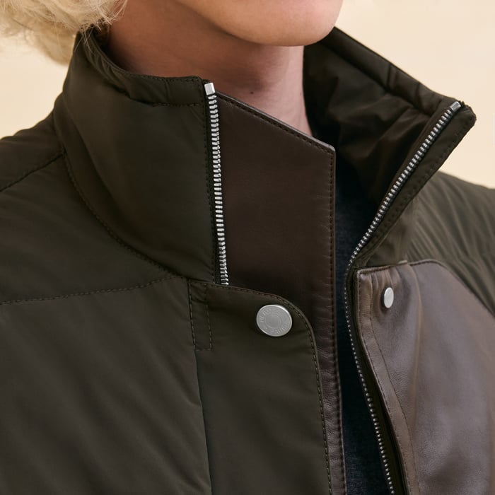 Kaki Quilted Vest With Leather Detail