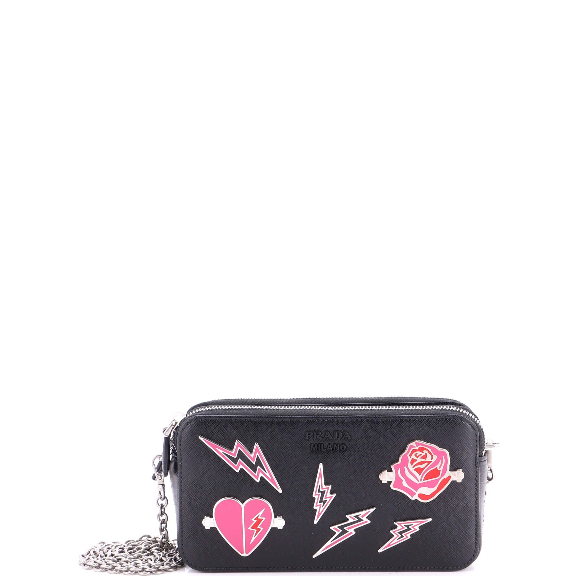 Monochrome Double Zip Wallet on Chain Crossbody Pin Embellished Saffiano Leather