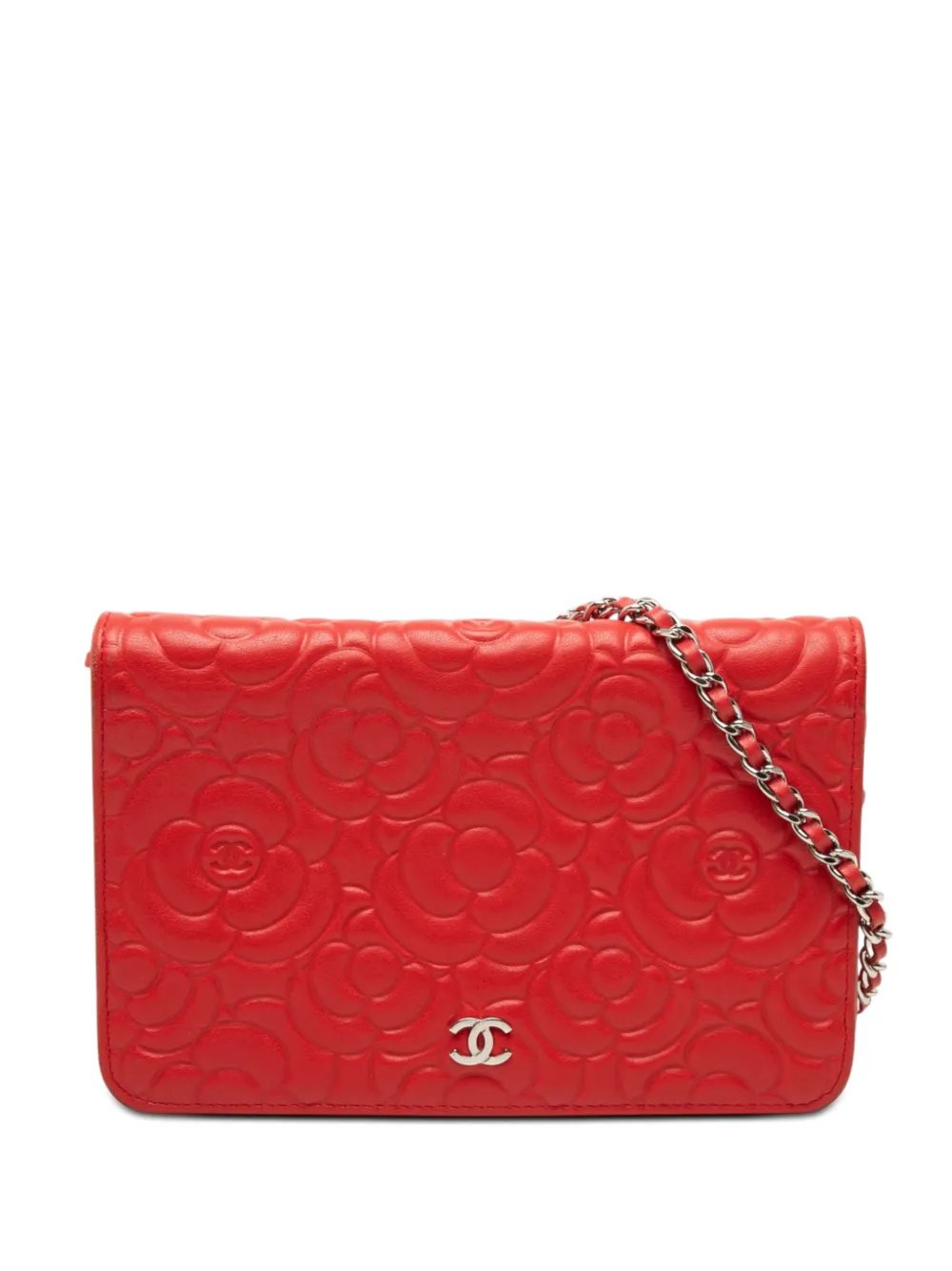 2019 CC Embossed Lambskin Camellia Wallet On Chain crossbody bag