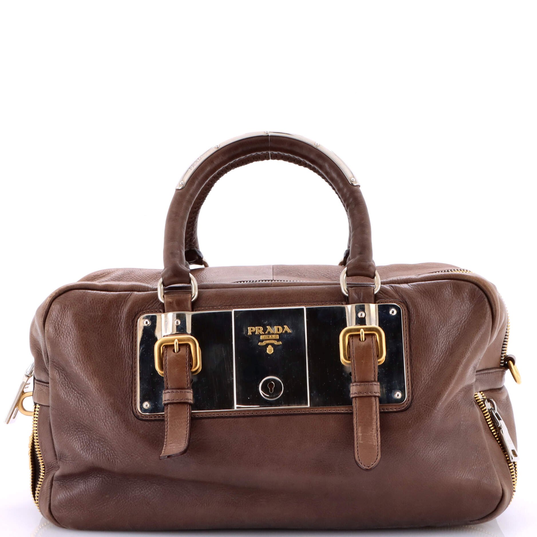 Prada Lock Plate Zippers Satchel Glace Calf Large