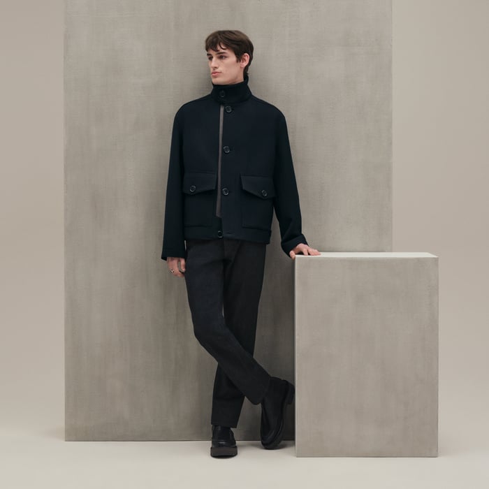 Marine Straight Cut Jacket With Leather Detail
