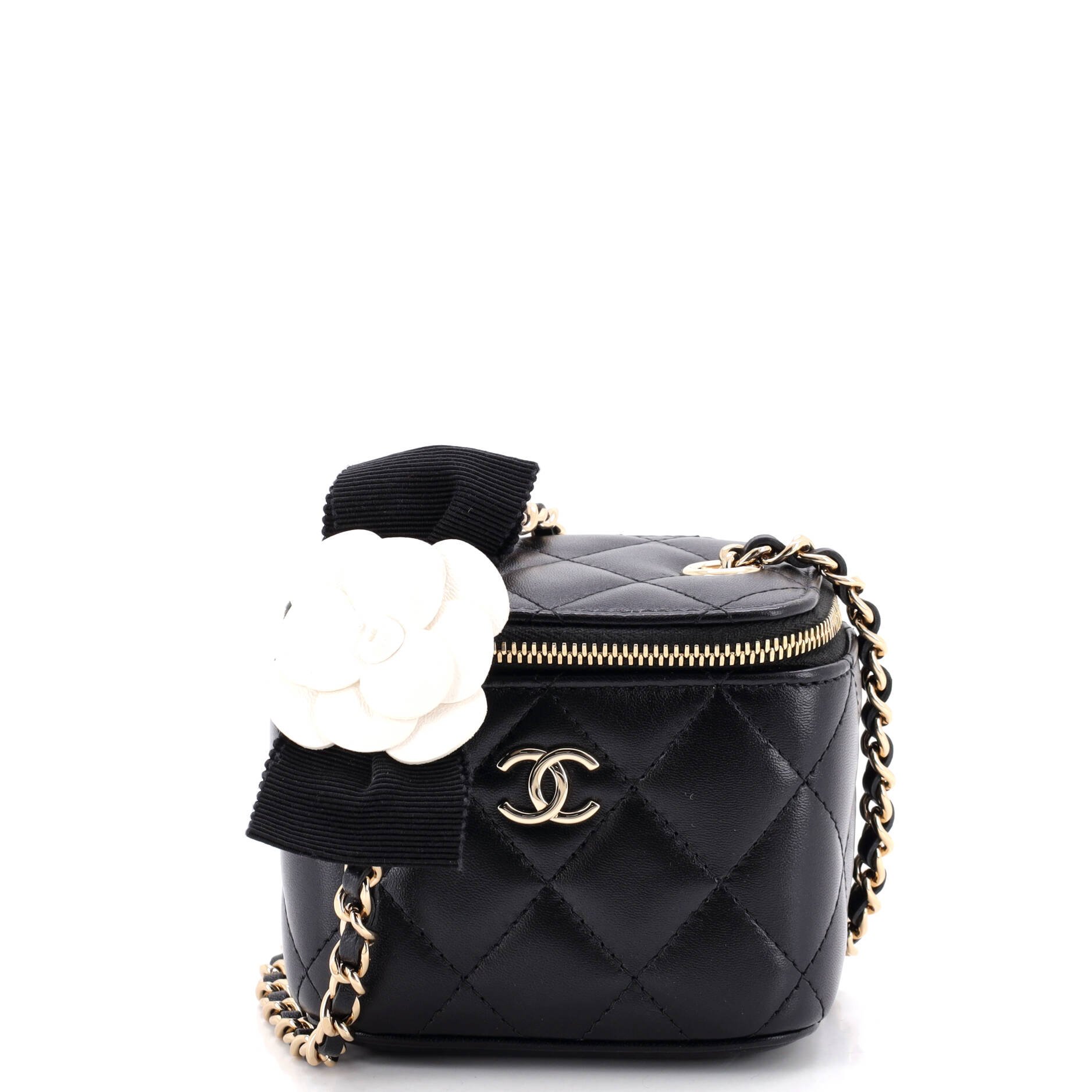 Camellia Bow Vanity Case with Chain Quilted Lambskin Mini
