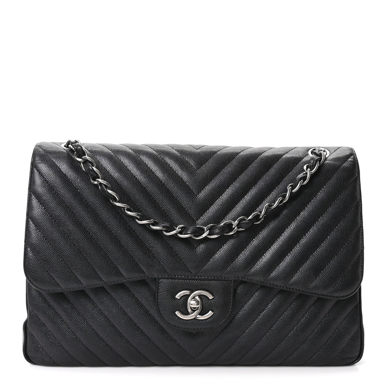 Chanel Iridescent Caviar Chevron Quilted Jumbo Double Flap Black