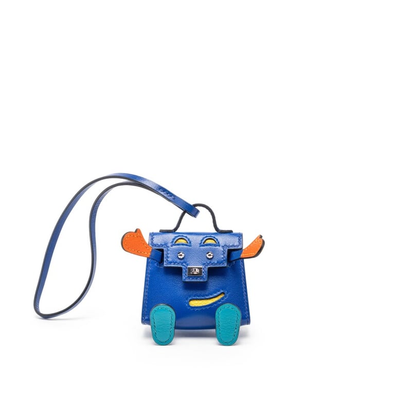 Hermes Blue Electric, Feu, Jaune de Naples and Vert Verone Tadelakt and Chèvre Quelle Idole Kelly Doll Bag Charm Gold Hardware, 2021