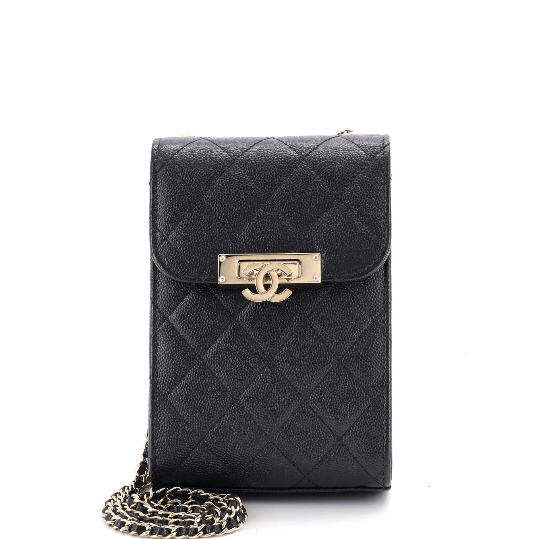 Golden Class Phone Holder Crossbody Bag Quilted Caviar