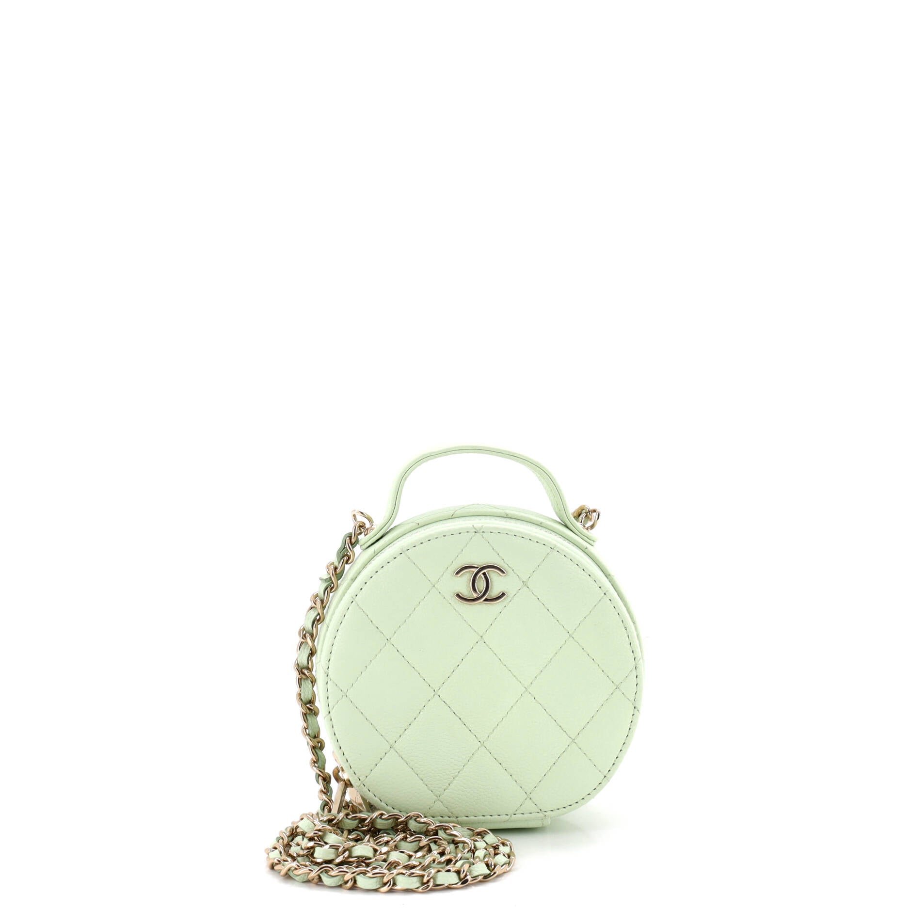 Handle with Care Round Vanity Case with Chain Quilted Caviar Small