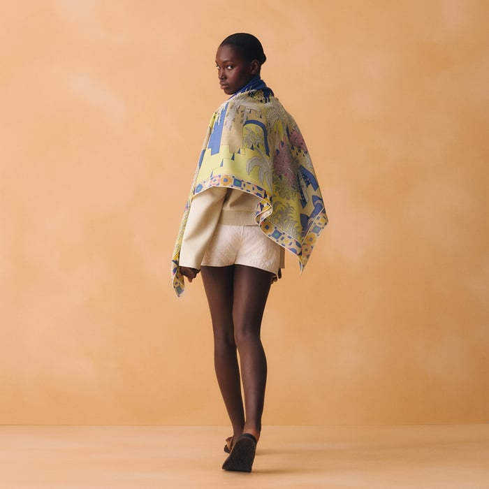 Hermès Le Palais des Quatre Vents shawl 140 Bleu Lavande/Jaune