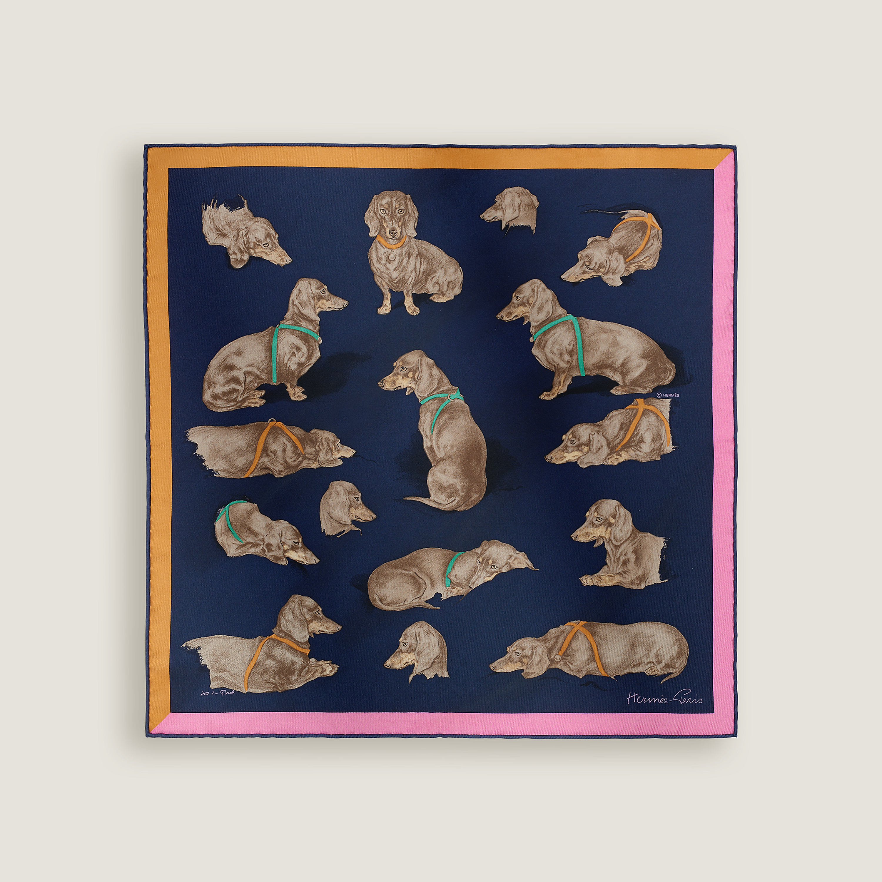 Hermès Les Bassets scarf 45 Bleu Marine/Mangue/Rose Bonbon | BagUSeek