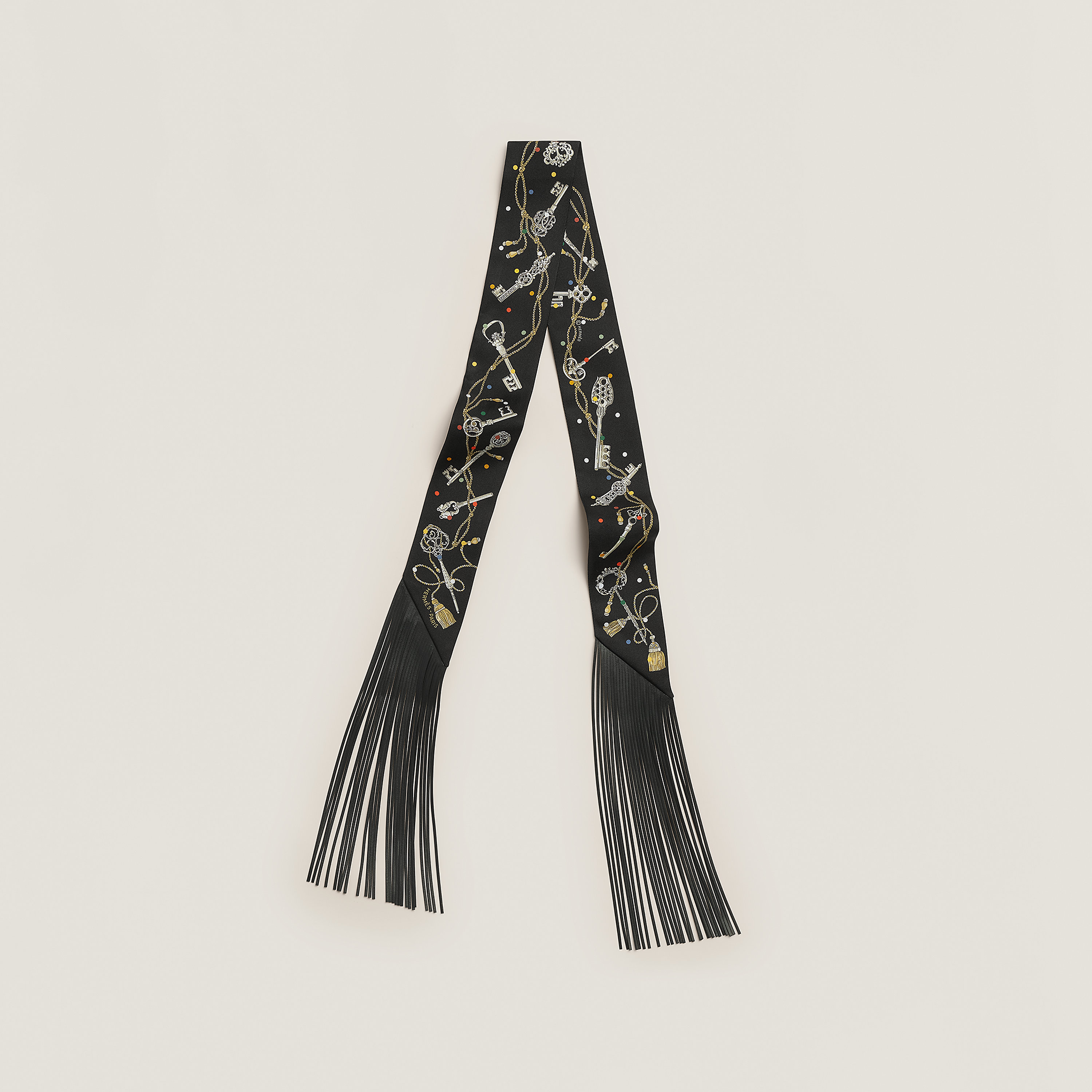 Hermès Les Cles a Pois leather fringes Twilly Noir/Mordoré/Blanc