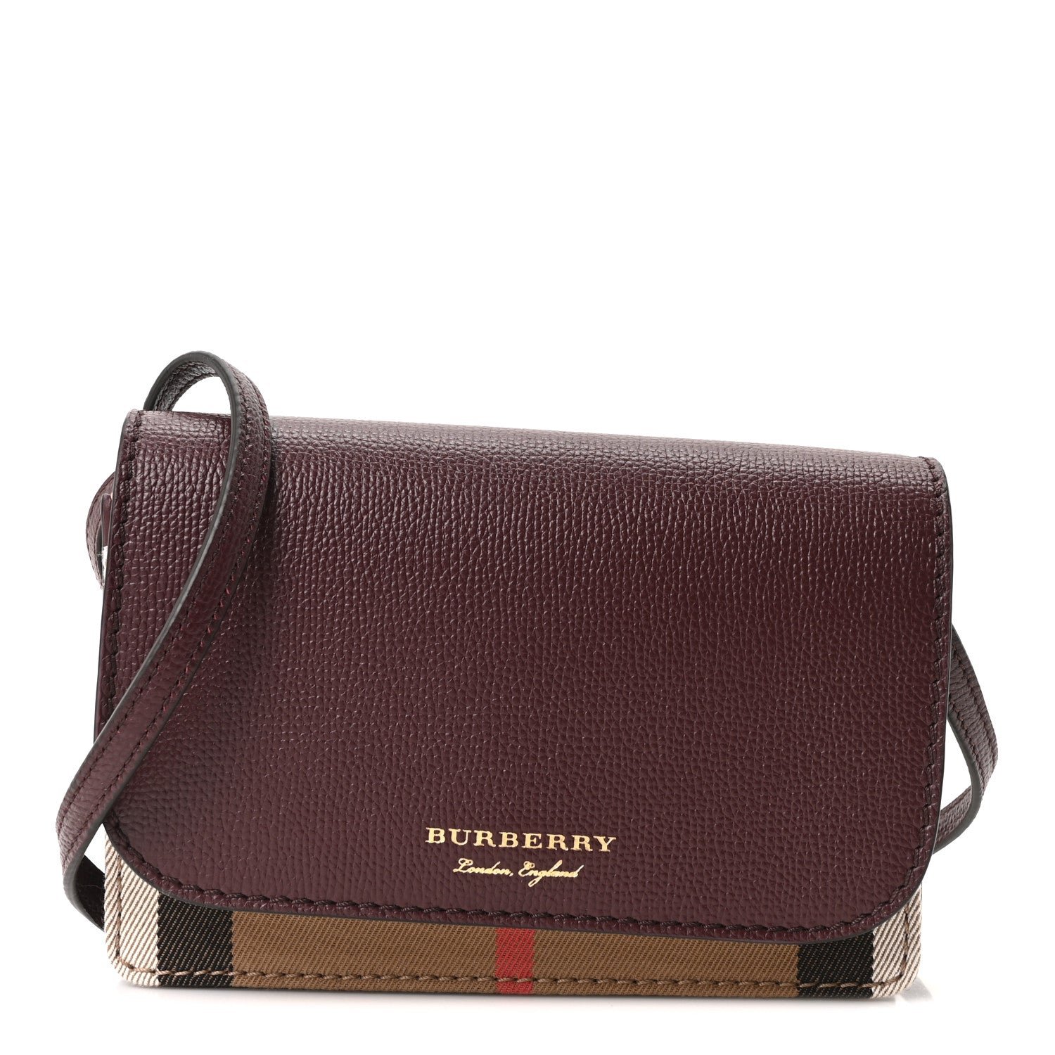 Burberry Grained Calfskin House Check Tartan Mix Hampshire Wallet On Chain Mahogany Red